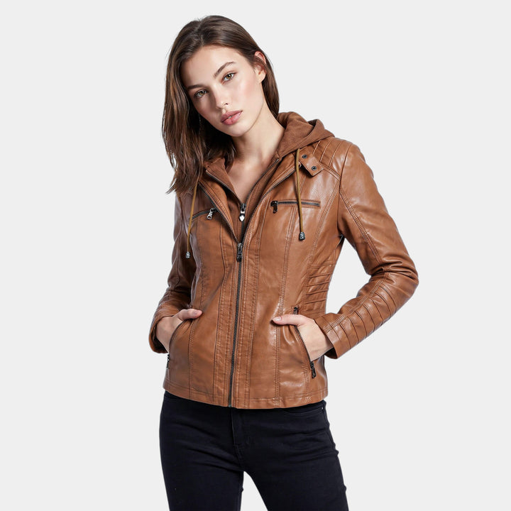 Leather Look Hooded Jacket for Women